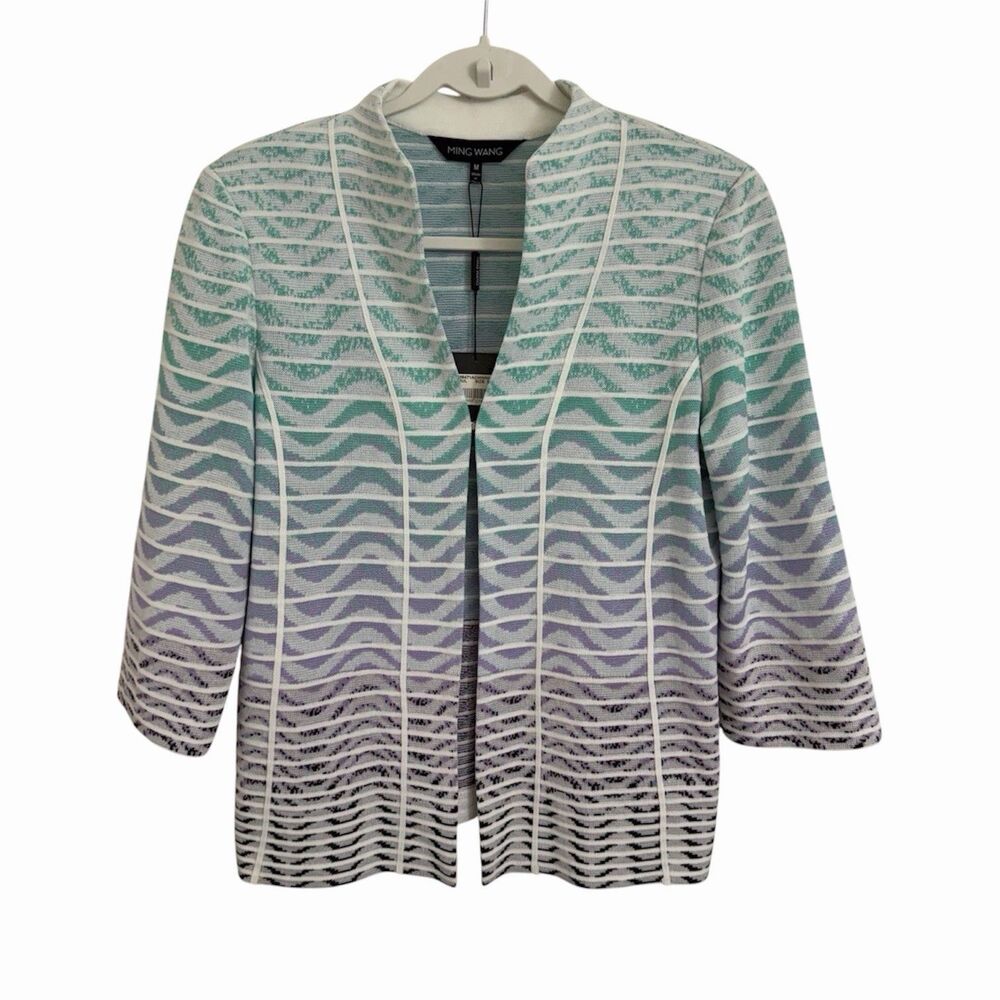 Ming Wang Cardigan Jacket Medium Aqua Ombre Knit Open Front 3/4 Sleeve Chic NWT